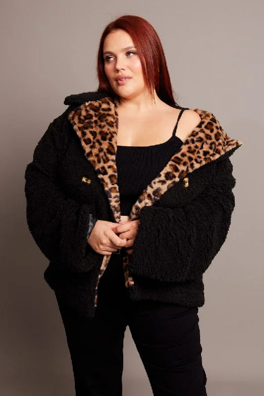 Black Teddy Jacket Long Sleeve Leopard Trim Fitted Jacket Loose Jacket Oversized Jacket Black Teddy Jacket Long Sleeve Leopard Trim Fitted Jacket Loose Jacket Oversized Jacket