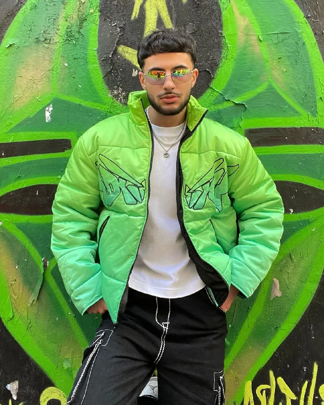 Loiter Cyber Gradient Puffer Jacket Neon Green Embroidered Jacket Appliqued Jacket Beaded Jacket Loiter Cyber Gradient Puffer Jacket Neon Green Embroidered Jacket Appliqued Jacket Beaded Jacket