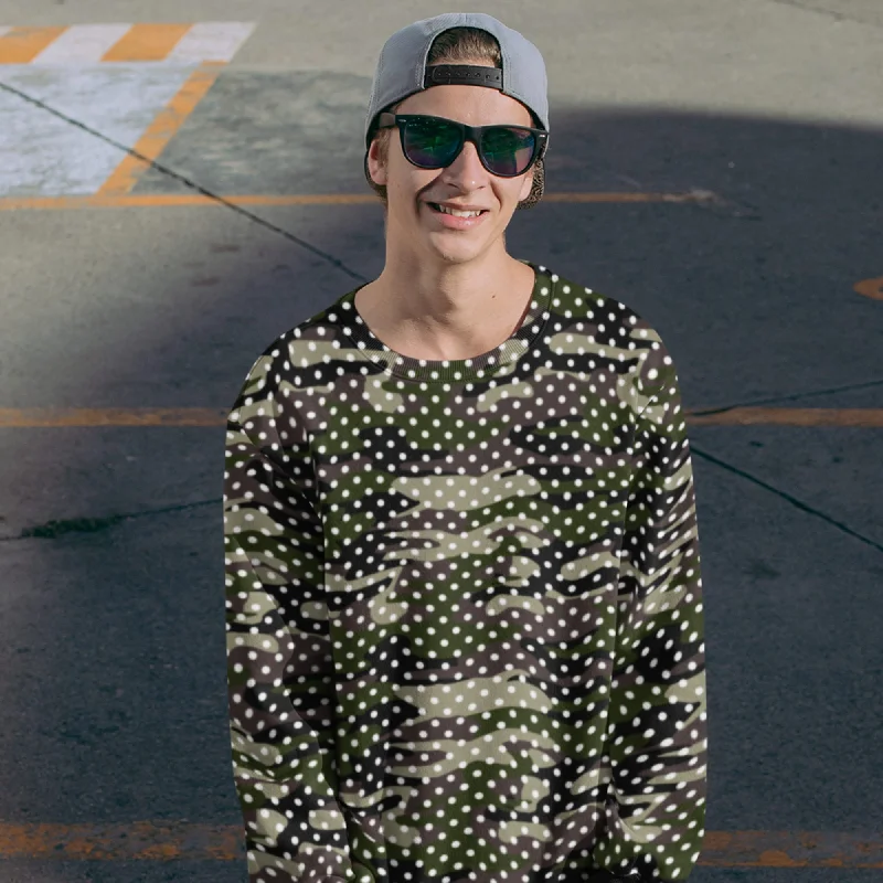 65 MCMLXV Unisex Camouflage & Polka Dot Print Fleece Sweatshirt Hoodie with Drop Shoulder Relaxed Streetwear