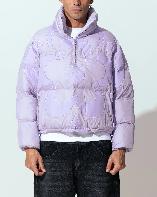 Loiter Eden Puffer Jacket Purple Notch Collar Peter Pan Collar Cowl Neck