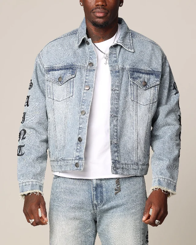 Saint Morta Rip Gothic Cutoff Denim Jacket Superwash Blue Knit Jacket Woven Jacket Fleece Jacket Saint Morta Rip Gothic Cutoff Denim Jacket Superwash Blue Knit Jacket Woven Jacket Fleece Jacket