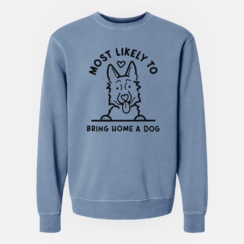 Most Likely to Bring Home a Dog - German Shepherd - Unisex Pigment Dyed Crew Sweatshirt Hoodie with Hem Applique Textured Unique Most Likely to Bring Home a Dog - German Shepherd - Unisex Pigment Dyed Crew Sweatshirt Hoodie with Hem Applique Textured Unique