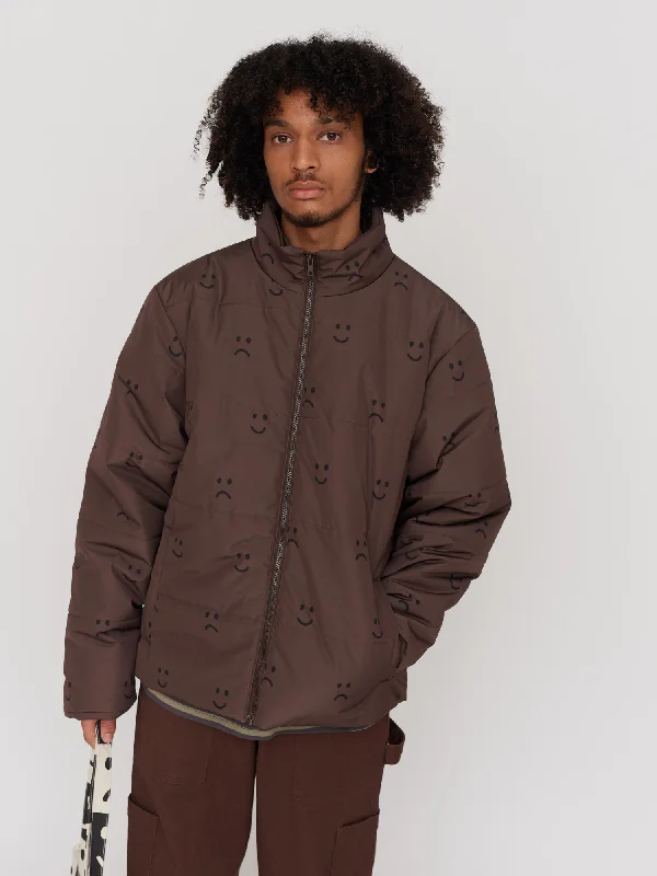 Happy Sad Brown Puffer Jacket Notch Collar Peter Pan Collar Cowl Neck