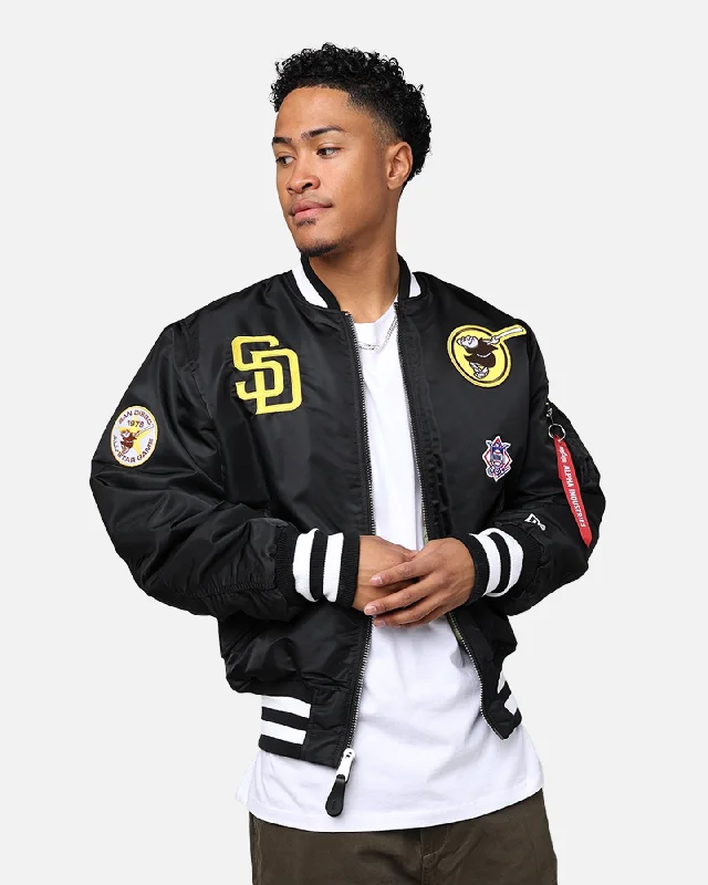 New Era X Alpha Series X MLB San Diego Padres MA-1 Bomber Jacket Black Rayon Jacket Velvet Jacket Corduroy Jacket New Era X Alpha Series X MLB San Diego Padres MA-1 Bomber Jacket Black Rayon Jacket Velvet Jacket Corduroy Jacket