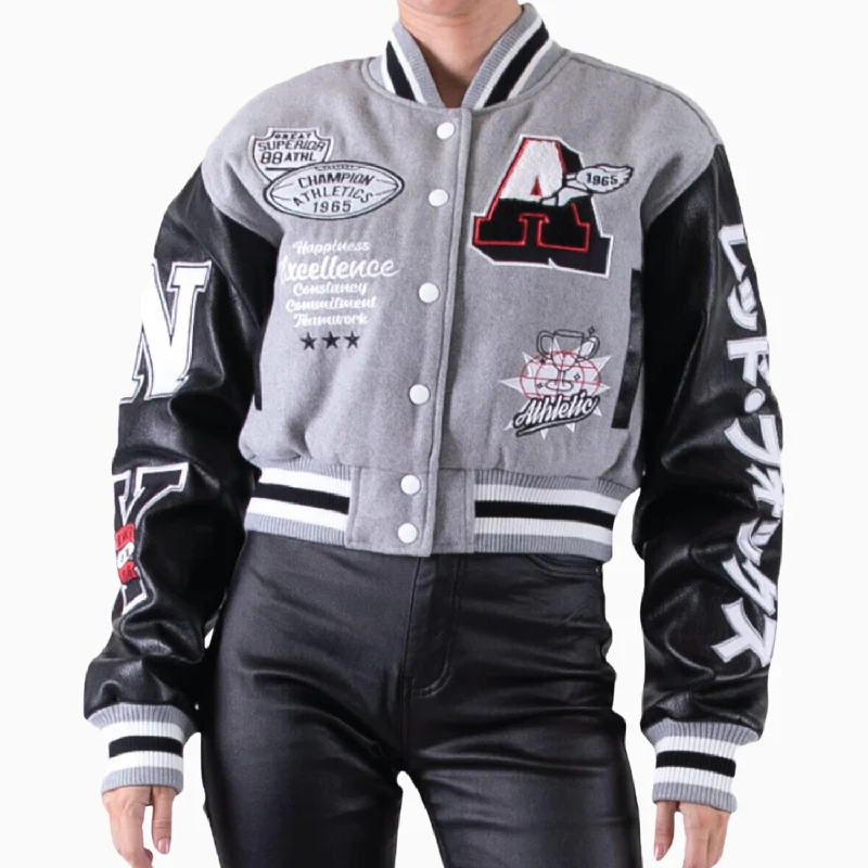 Women's Wool Crop Varsity Jacket With Patch Fleece Fabric Down Fabric Feather Fabric Women's Wool Crop Varsity Jacket With Patch Fleece Fabric Down Fabric Feather Fabric