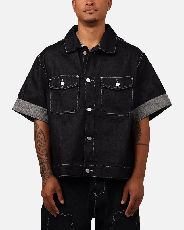 MNML Raw Denim Short Sleeve Jacket Blue Snapped Jacket Toggled Jacket Drawstring Jacket MNML Raw Denim Short Sleeve Jacket Blue Snapped Jacket Toggled Jacket Drawstring Jacket