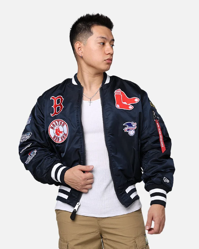 New Era X Alpha Series X MLB Boston Red Sox MA-1 Bomber Jacket Navy Ribbed Jacket Pleated Jacket Ruffled Jacket New Era X Alpha Series X MLB Boston Red Sox MA-1 Bomber Jacket Navy Ribbed Jacket Pleated Jacket Ruffled Jacket