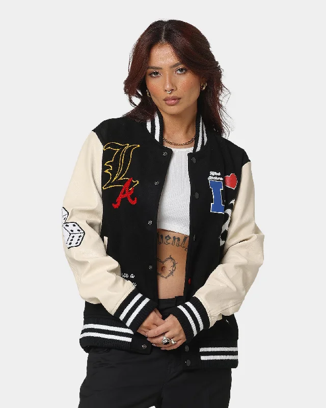 Lifted Anchors State Chenille Varsity Jacket Black Boat Neck Shawl Collar Notched Collar Lifted Anchors State Chenille Varsity Jacket Black Boat Neck Shawl Collar Notched Collar