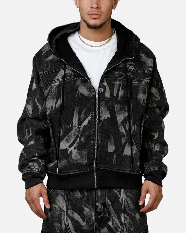MNML Double Denim Hood Bomb Jacket Black Hooded Jacket Caped Jacket Shawl Collar Jacket MNML Double Denim Hood Bomb Jacket Black Hooded Jacket Caped Jacket Shawl Collar Jacket