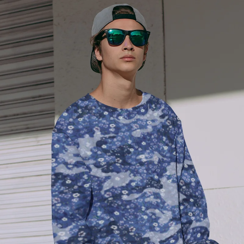 65 MCMLXV Unisex Blue Camouflage & Floral Print Fleece Sweatshirt Hoodie with Puffed Sleeves Voluminous Trendy