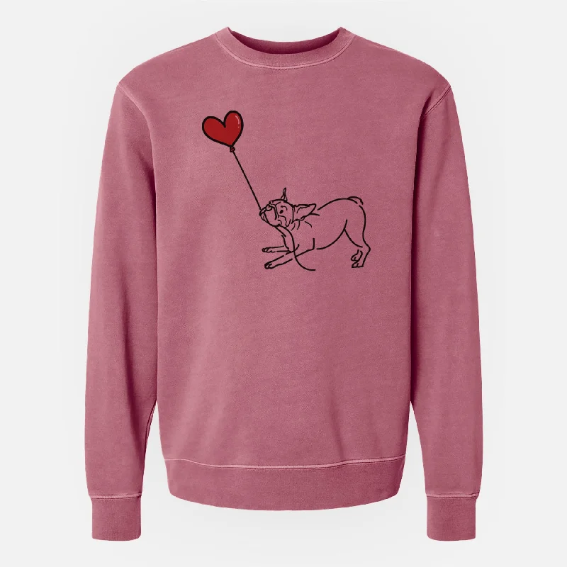 Boston Terrier Heart String - Unisex Pigment Dyed Crew Sweatshirt Hoodie with Pastel Soft Subtle