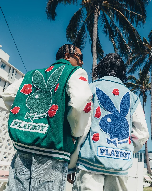 Playboy By CK Team Varsity Jacket Blue/Off White Fleece Jacket Down Jacket Feather Jacket Playboy By CK Team Varsity Jacket Blue/Off White Fleece Jacket Down Jacket Feather Jacket