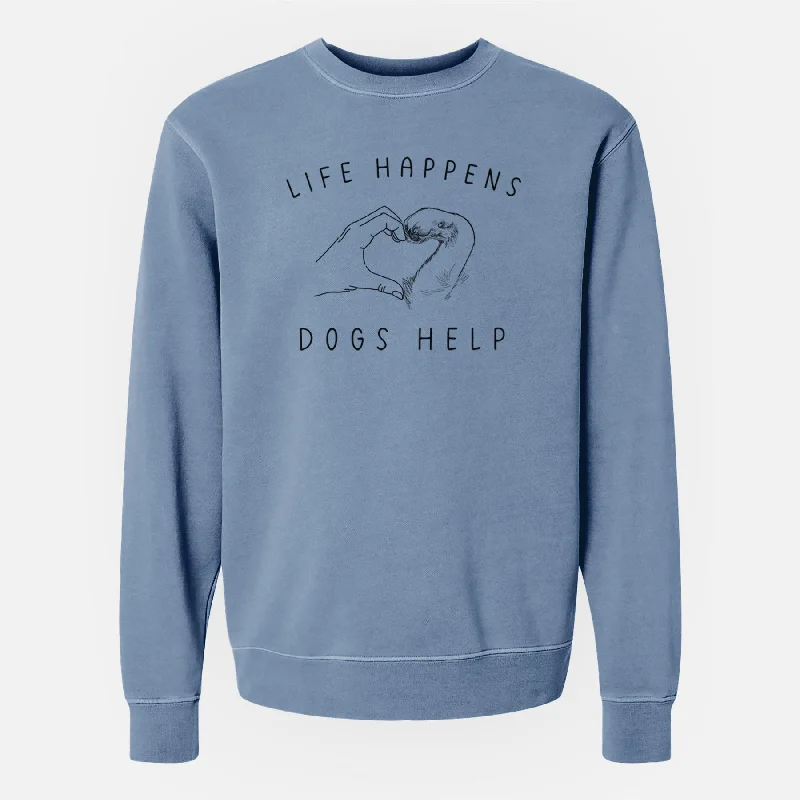 Life Happens Dogs Help - Paw Hand Heart - Unisex Pigment Dyed Crew Sweatshirt Hoodie with Raw Hem Edgy Unfinished