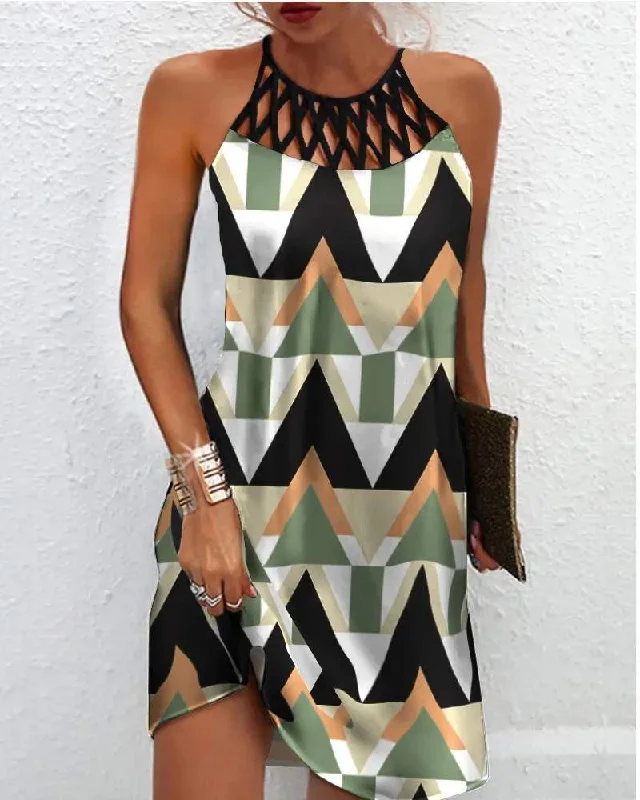 CHEVRON GEO PRINT HOLLOW OUT SLEEVELESS CASUAL DRESS