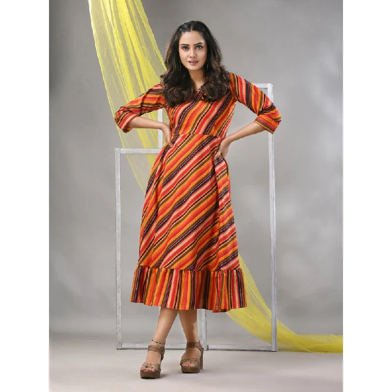 CHARUKRITI Multi-Color Cotton Blend Stripe Printed Flared Ethnic Dress