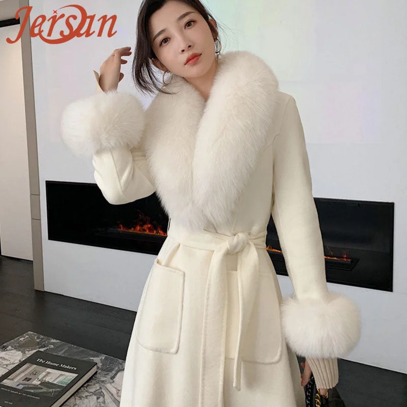Elegant Style Real Fox Fur Collar Cuffs Women's Winter Long Coats Double Face Wool Cashmere Coat Buttoned Zippered Snapped Elegant Style Real Fox Fur Collar Cuffs Women's Winter Long Coats Double Face Wool Cashmere Coat Buttoned Zippered Snapped