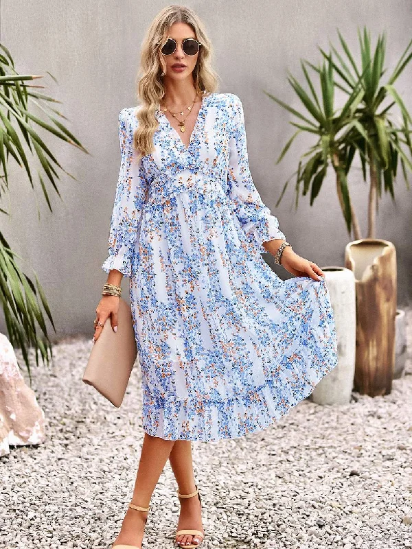 VCAY DITSY FLORAL DEEP V NECK RUFFLE HEM DRESS