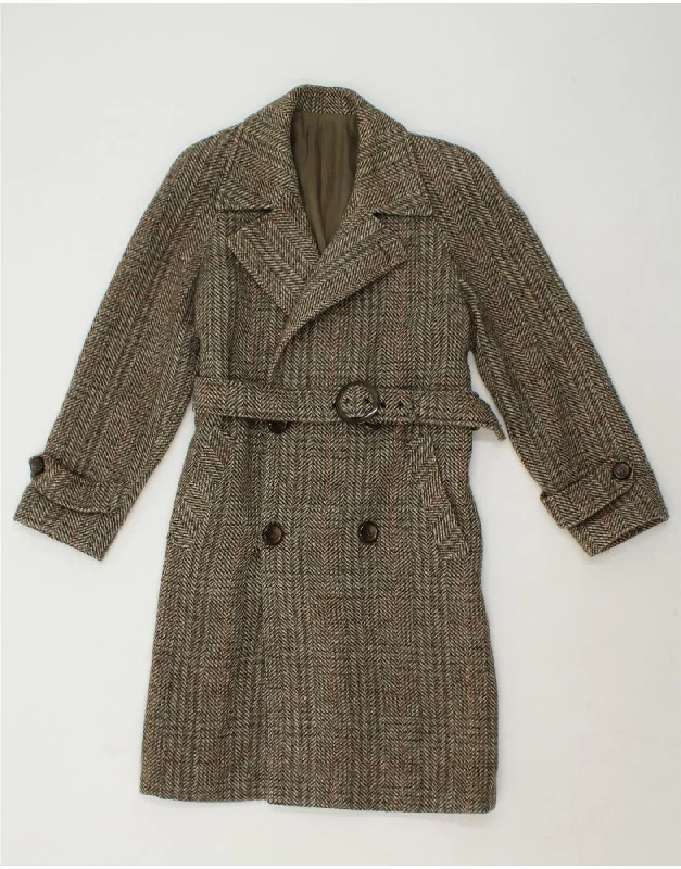 VINTAGE Womens Double Breasted Coat IT 44 Medium Khaki Herringbone Shawl Collar Notch Collar Lapel Collar VINTAGE Womens Double Breasted Coat IT 44 Medium Khaki Herringbone Shawl Collar Notch Collar Lapel Collar