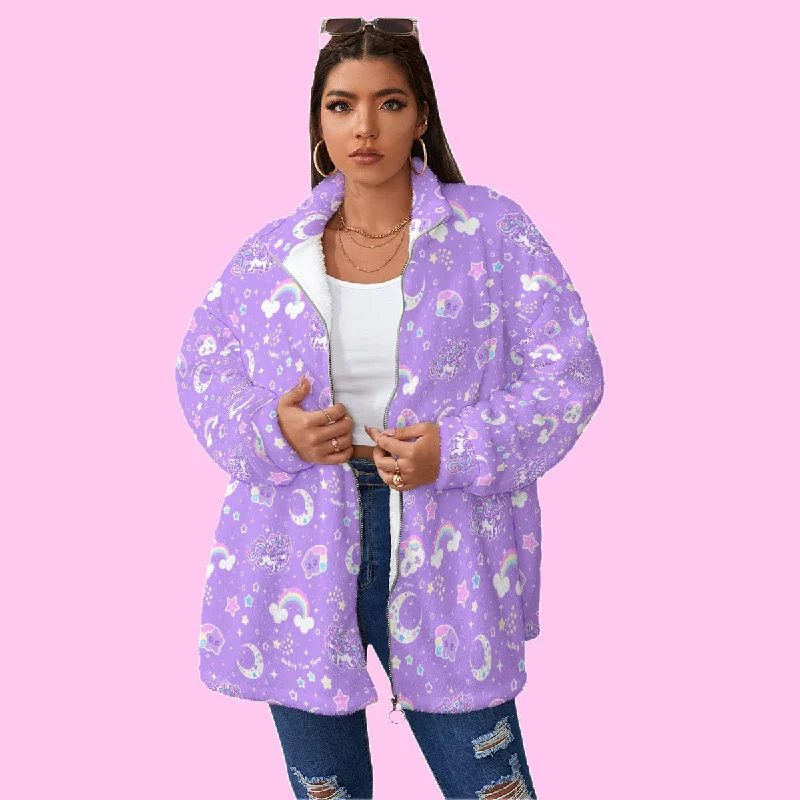 Rainbow Stardust Unicorn Friends Women's Oversized Fuzzy Fleece Coat With Zipper Solid Print Jacquard Rainbow Stardust Unicorn Friends Women's Oversized Fuzzy Fleece Coat With Zipper Solid Print Jacquard
