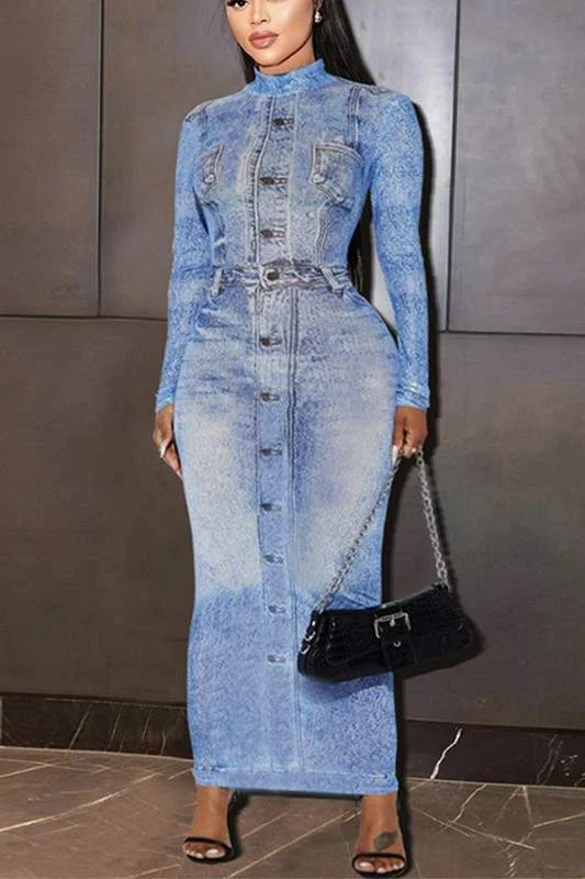 DENIM PATTERN PRINT LONG DRESS