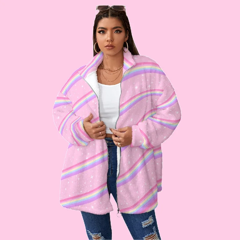 Kawaii Sparkle Cake Rainbow Beam Women's Oversized Fuzzy Fleece Coat With Zipper Herringbone Houndstooth Plaid Kawaii Sparkle Cake Rainbow Beam Women's Oversized Fuzzy Fleece Coat With Zipper Herringbone Houndstooth Plaid
