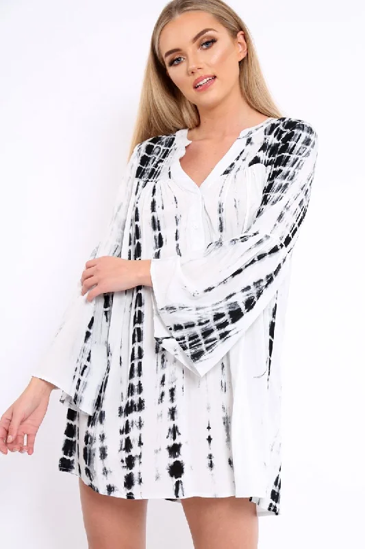 White and Black Tie Dye Smock Dress - Peony