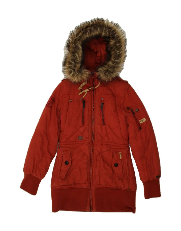 KHUJO Womens Hooded Padded Coat UK 14 Large Red Cotton Blouse Shirt Tunic