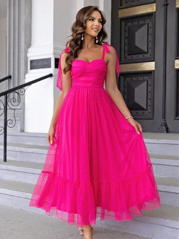 JOYFUNEAR TIE SHOULDER RUCHED BUST RUFFLE HEM MESH OVERLAY CAMI DRESS