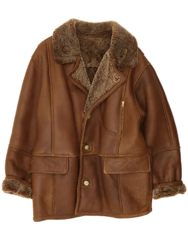 VINTAGE Womens Shearling Coat IT 44 Medium Brown Shearling Raincoat Turtleneck Coat Wrap Coat VINTAGE Womens Shearling Coat IT 44 Medium Brown Shearling Raincoat Turtleneck Coat Wrap Coat