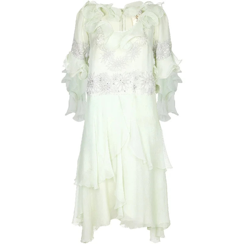 1980s Zandra Rhodes Pale Green Couture Silk Chiffon Dress