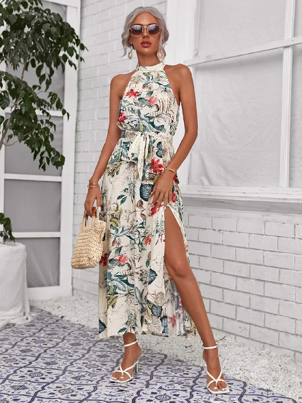 BOTANICAL PRINT HIGH SPLIT HEM SELF BELTED HALTER DRESS
