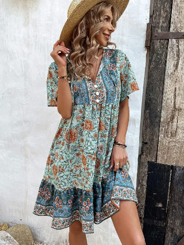 FLORAL PRINT TIE NECK SMOCK DRESS