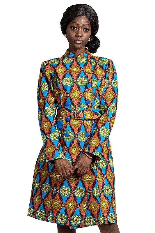 Valda Women African Print Coat (Blue / Red) Peter Pan Collar Cowl Neck Turtleneck
