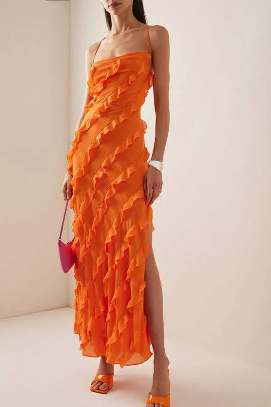 SPAGHETTI STRAP RUFFLE LONG DRESS