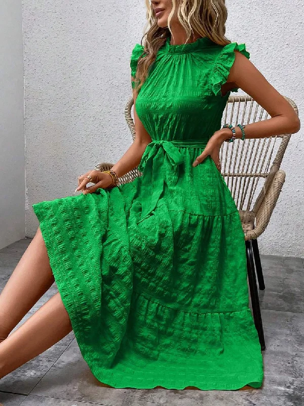 LUNE SOLID RUFFLE TRIM BELTED DRESS
