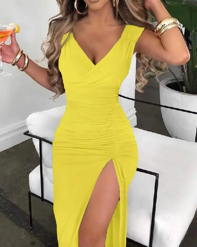 DRAWSTRING RUCHED HIGH SLIT DRESS