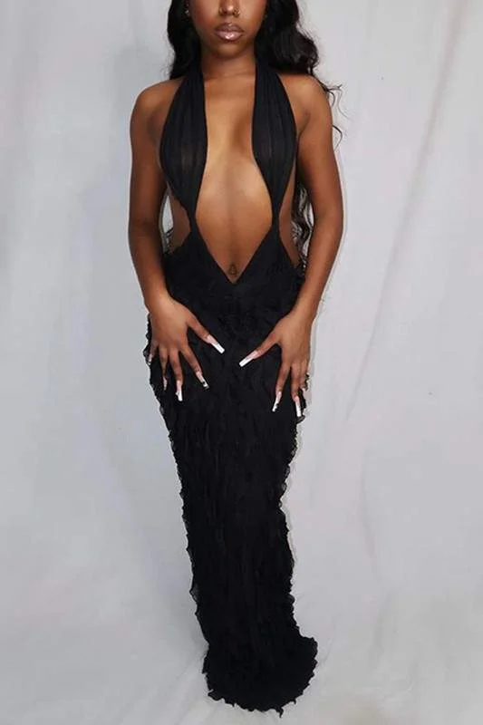 MESH RUFFLE HALTER LONG DRESS