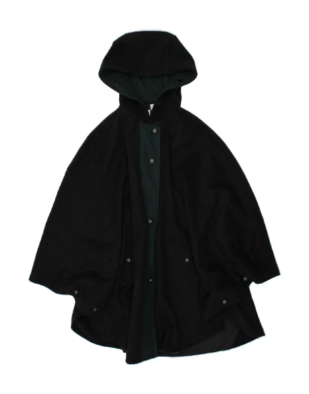 VINTAGE Womens Hooded Poncho Coat UK 24 4XL Black Virgin Wool Buttoned Toggled Snapped VINTAGE Womens Hooded Poncho Coat UK 24 4XL Black Virgin Wool Buttoned Toggled Snapped