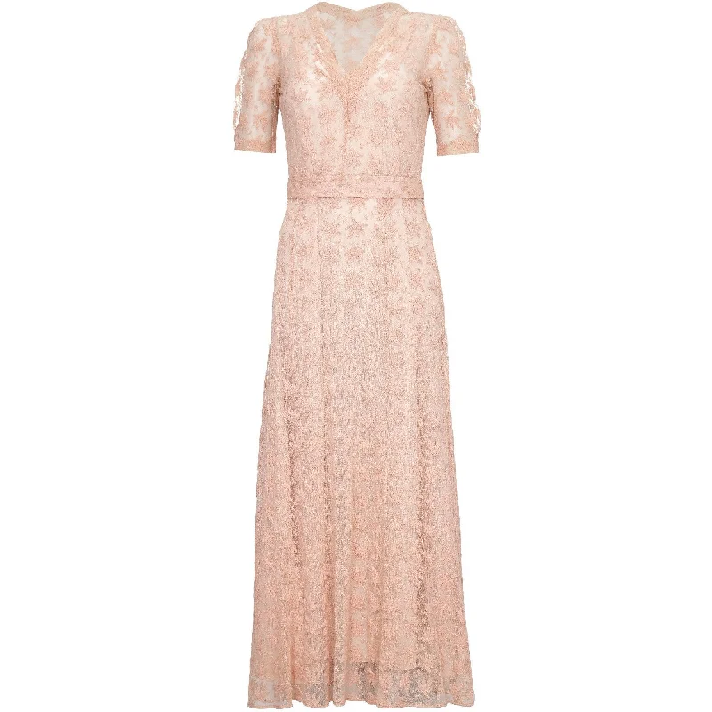 1930s Sheer Pale Pink Embroidered Lace Tea Dress Gown