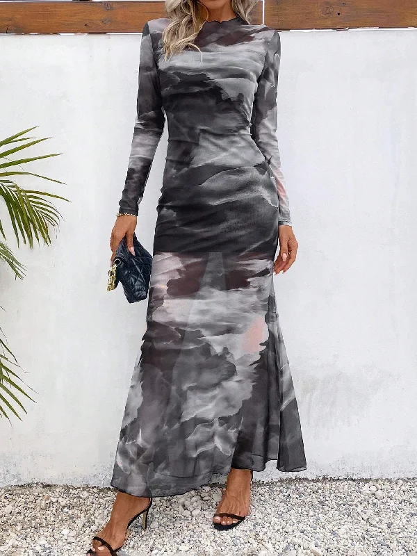 PRIV WOMEN S TIE DYE LETTUCE EDGE FISH TAIL DRESS