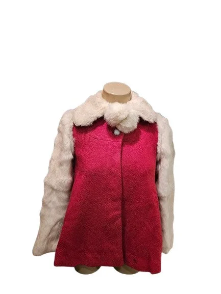 VINTAGE 1940s 1950s CHILD'S CRANBERRY WINTER COAT WITH RABBIT FUR & POM POMS Elasticated Drawstring Belted VINTAGE 1940s 1950s CHILD'S CRANBERRY WINTER COAT WITH RABBIT FUR & POM POMS Elasticated Drawstring Belted