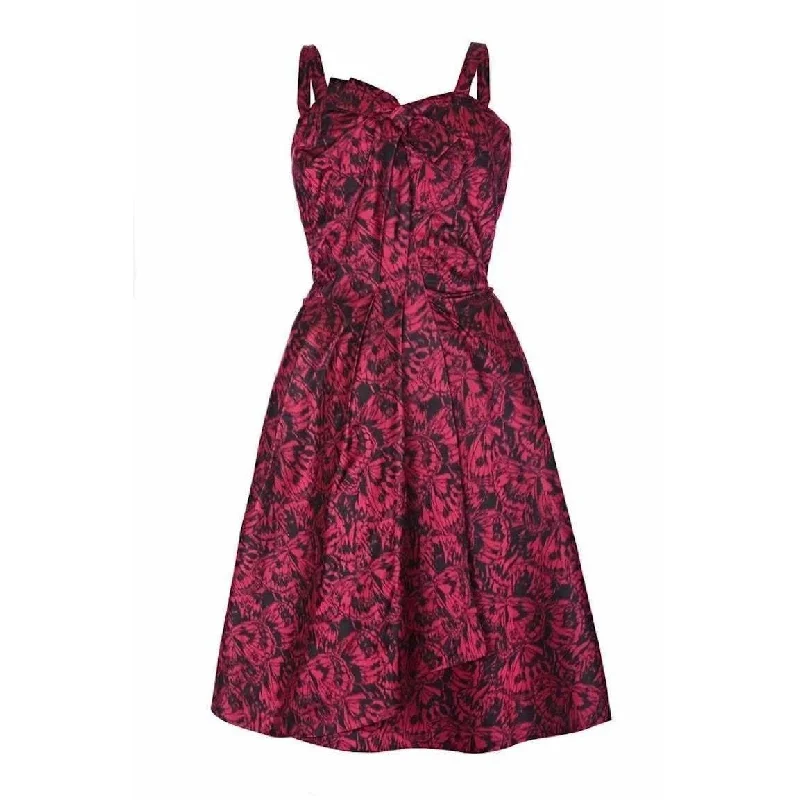French Couture 1950s Red Silk Butterfly Print Dress