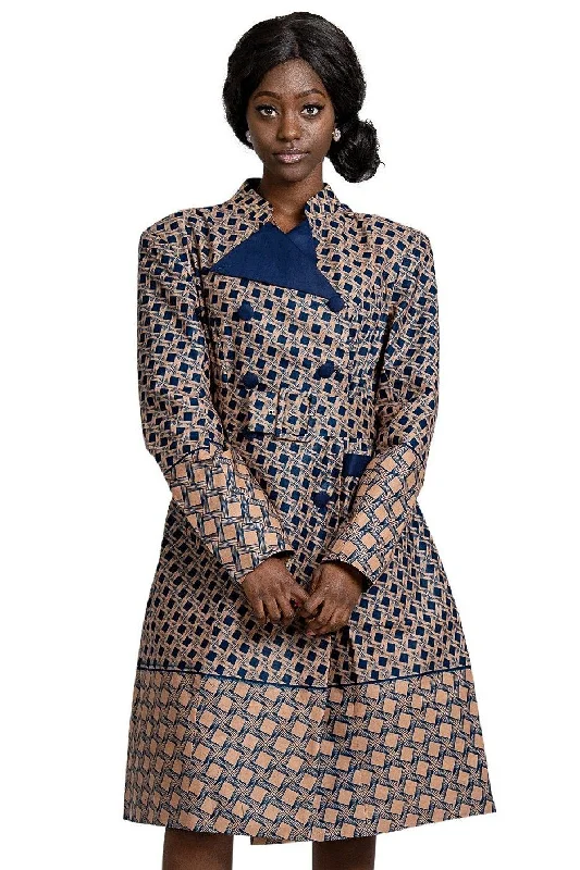 Vanna Women African Print Coat Dress (Navy Blue / Brown) Square Neck One-Shoulder Off-the-Shoulder Vanna Women African Print Coat Dress (Navy Blue / Brown) Square Neck One-Shoulder Off-the-Shoulder