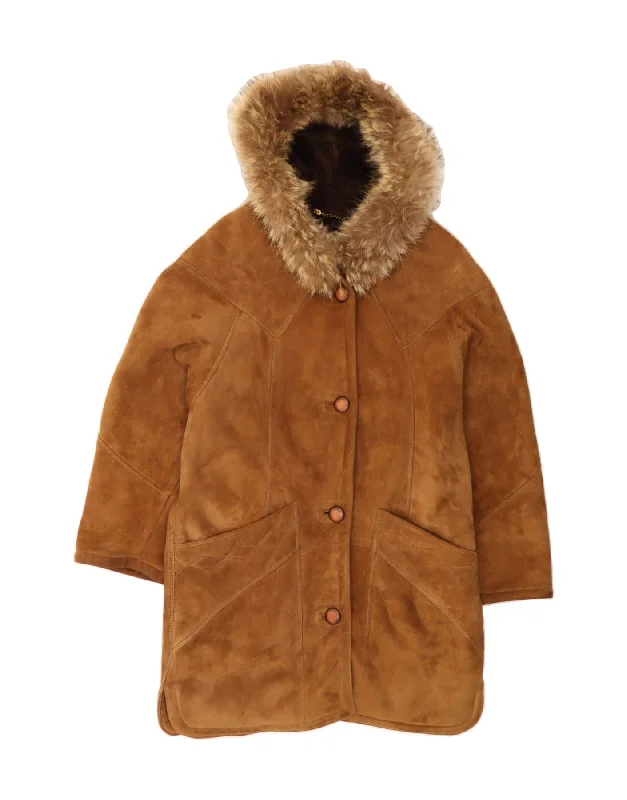 VINTAGE Womens Hooded Shearling Coat EU 42 Large Brown Zip Front Button Front Snap Front VINTAGE Womens Hooded Shearling Coat EU 42 Large Brown Zip Front Button Front Snap Front