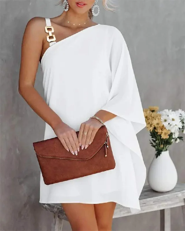 CHAIN STRAP ASYMMETRICAL NECK CASUAL DRESS