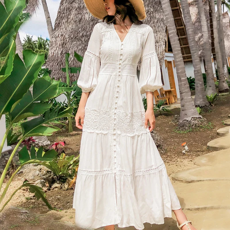 Dove's White Boho Lantern Sleeve Cotton Lace Dress