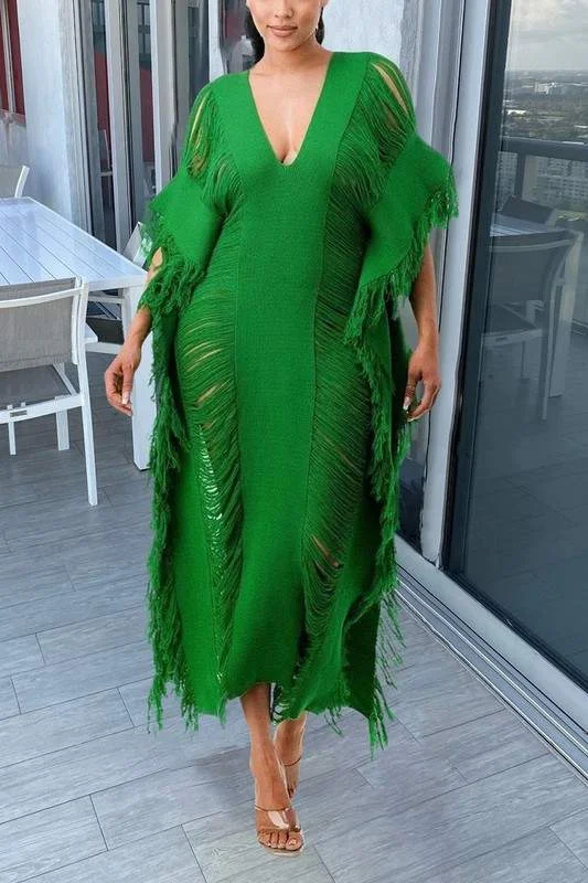 CROCHET FRINGES BATWING SLEEVE LONG DRESS