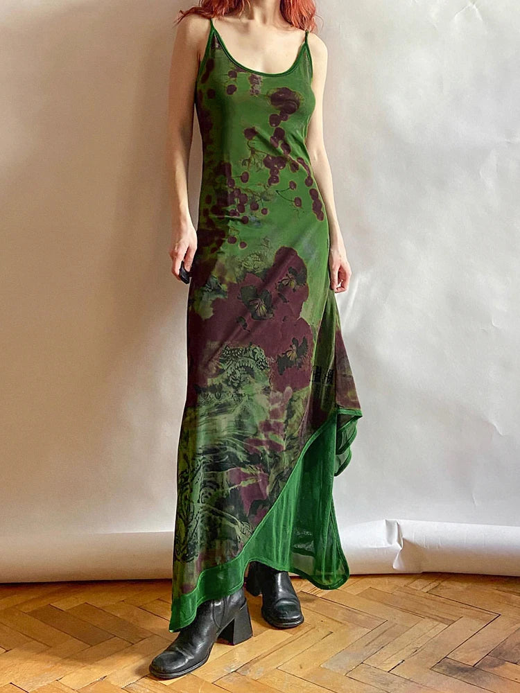 Fae Life Green Spaghetti Straps Long Slip Dress Fairy Grunge Y2k
