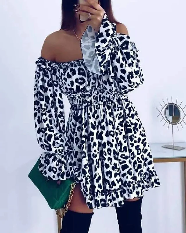 LEOPARD PRINT OFF SHOULDER SHIRRED CASUAL DRESS