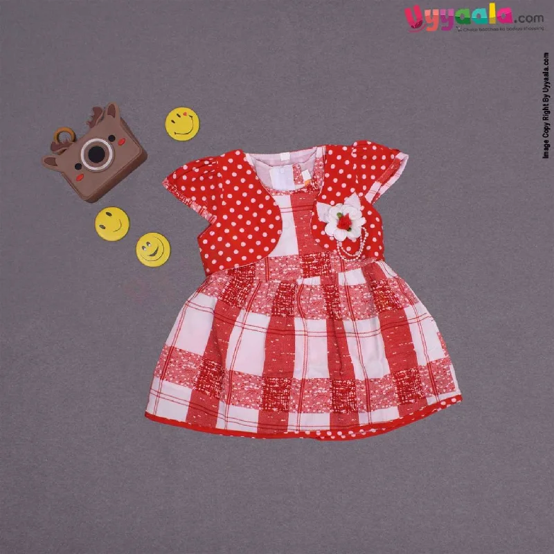 YELLOW DUCK cotton sleeveless party wear frock for baby girl, back open zip model with coat- red Denim Leather Suede YELLOW DUCK cotton sleeveless party wear frock for baby girl, back open zip model with coat- red Denim Leather Suede